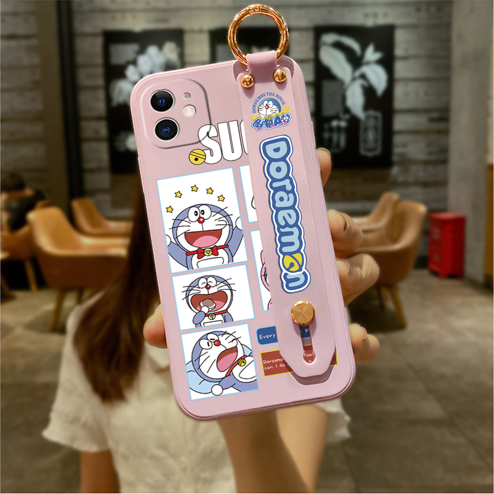 Hontinga for OPPO A18 A38 Back Cover Wrist Strap Cute Doraemon Phone Case Square Liquid Silicone Mobile Cover. 