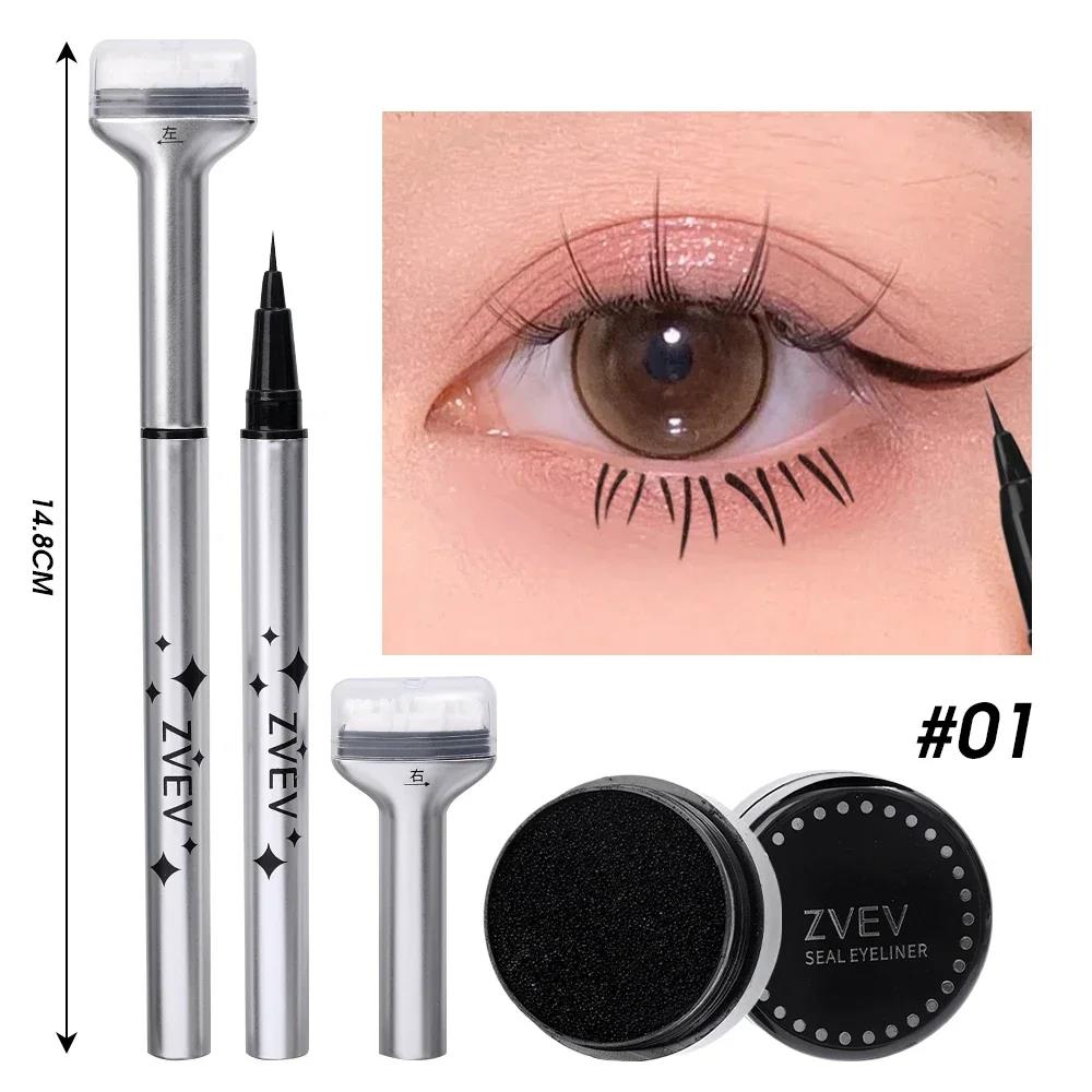 2 in 1Eyelash Stamps Pen Lower Eyelash Seal Tool Reusable Quick Dry Black Brown Liquid Eyeliner Pencil Eyelash Simulation Makeup