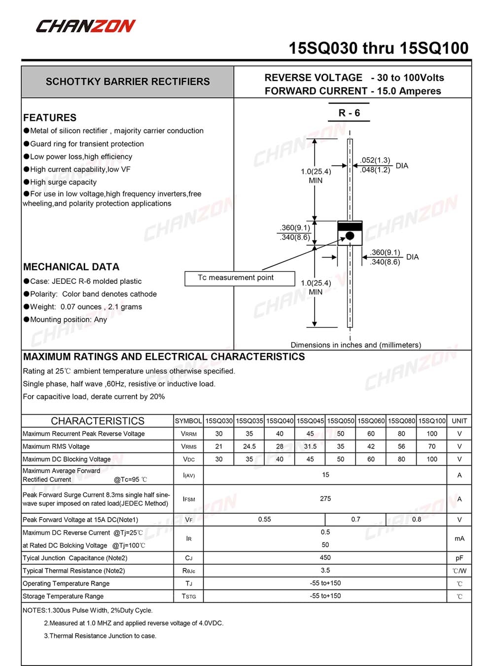20Pcs Chanzon 15SQ045 Schottky Barrier Rectifier Bypass Blocking Diode 15A 45V R-6 15 Amp 45 Volt for Solar Cell Panel. 