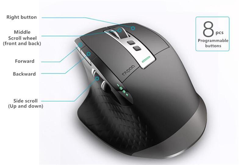 Rapoo MT750S Rechargeable Multi-mode Wireless Mouse Bluetooth 3.0/4.0 2.4GHz Switch Among 4 Devices Connect, 10m working range, Adj. 3200 DPI,9 buttons,. 
