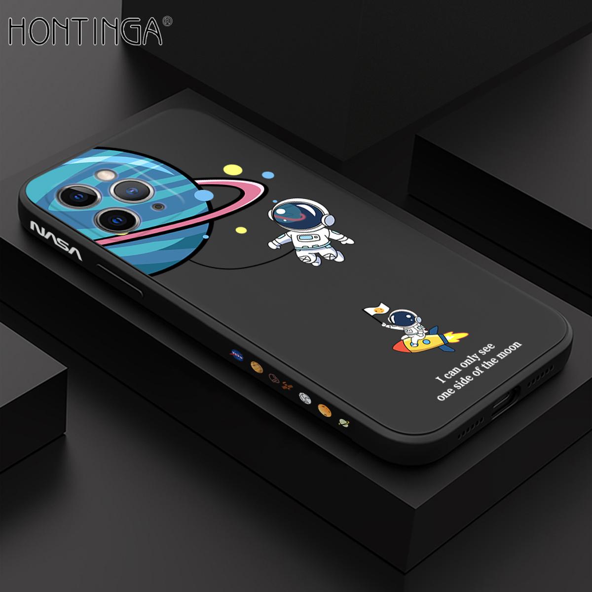Hontinga for iPhone 11 Pro Max Case Cartoon Astronaut Side Design Back Cover Soft Square Edge Liquid Silicone Phone Cases
