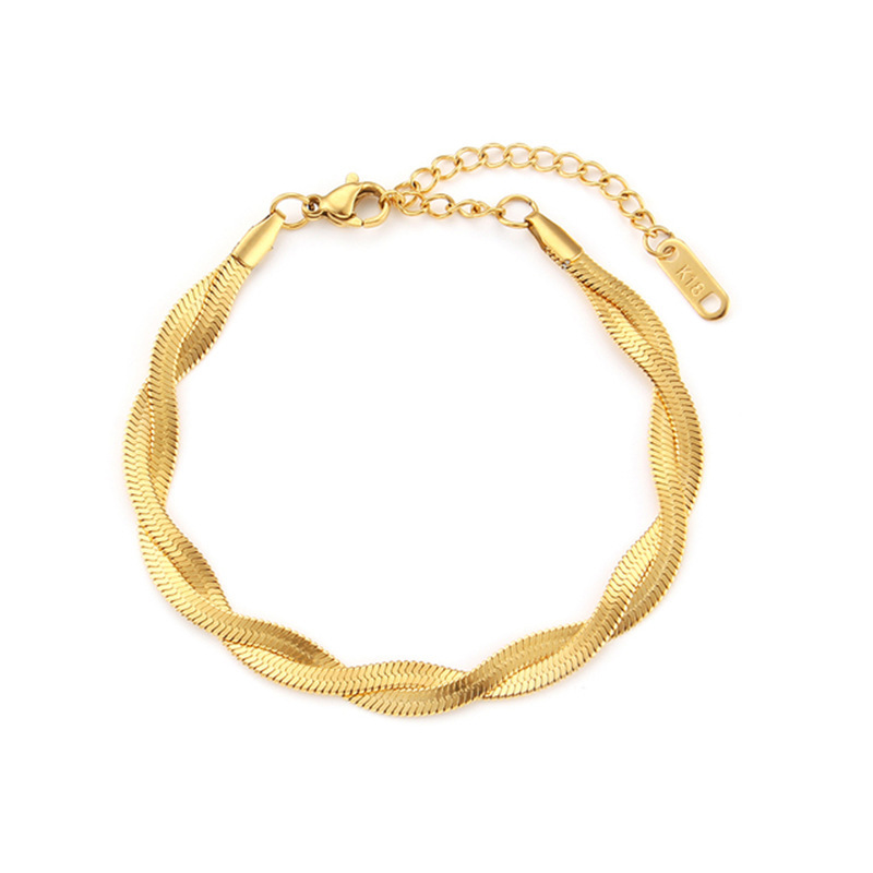 18K Qingwen Cross-Border Europe and America ins Style Simple Fashion Cuban Link Chain Bracelet for Women 18K Stainless Steel Flat Snake Hand Jewelry Wholesale