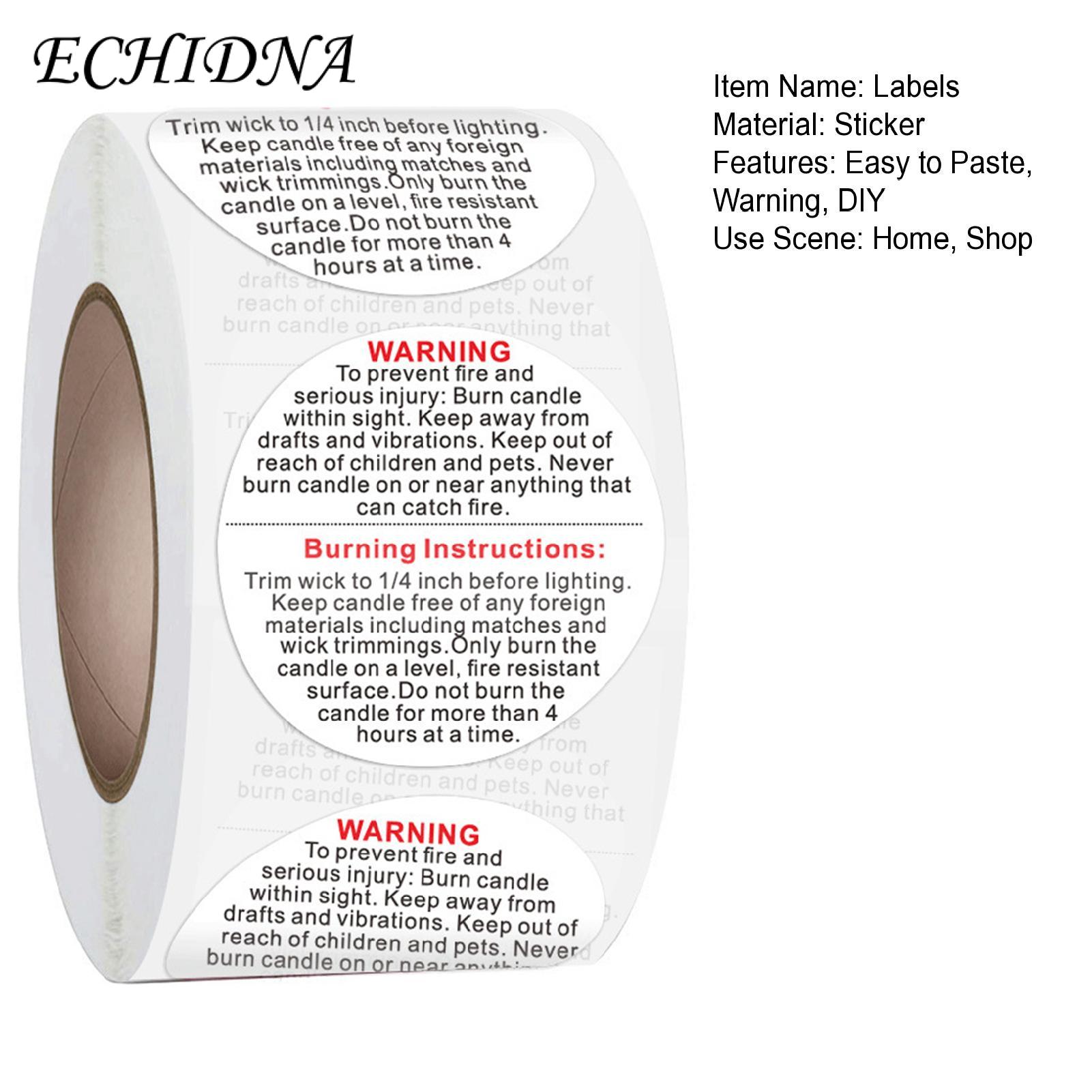 ECHIDNA Candle Warning Labels Wide Applications Round Label Black And White Text. 