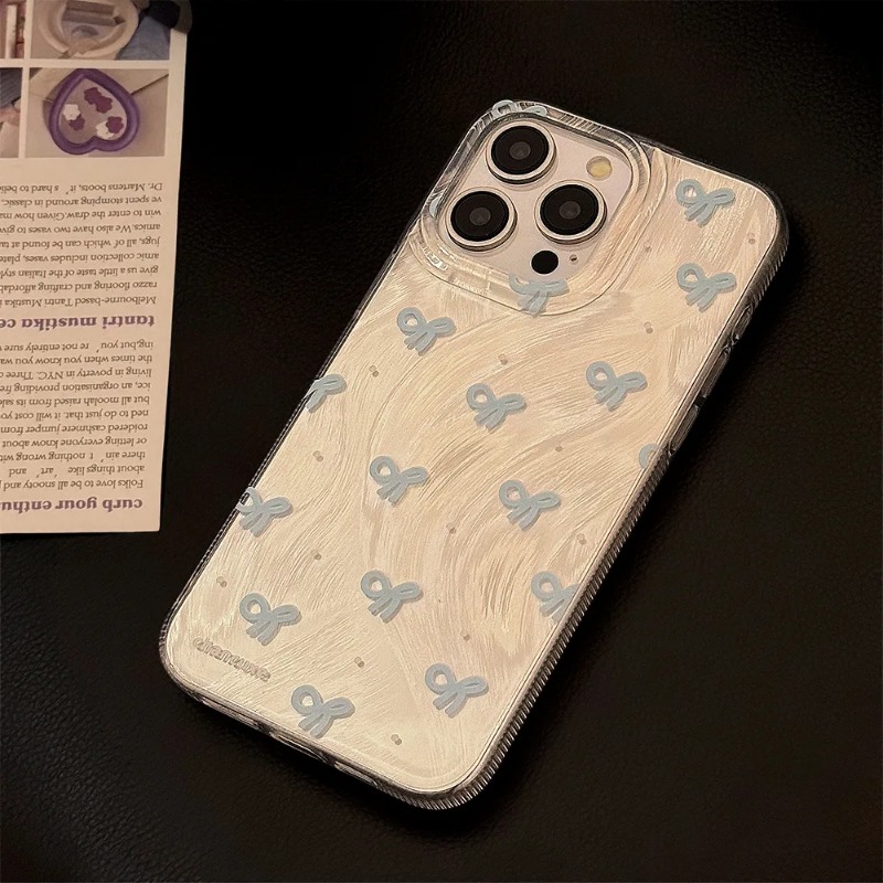 100%new celebrity trend+In stock+COD Stylish Feather Gauze Pattern Full Screen Blue Bowknot Illusory Color Holder Cover Case For iPhone 15 14 13 12 11 Pro Max Plus