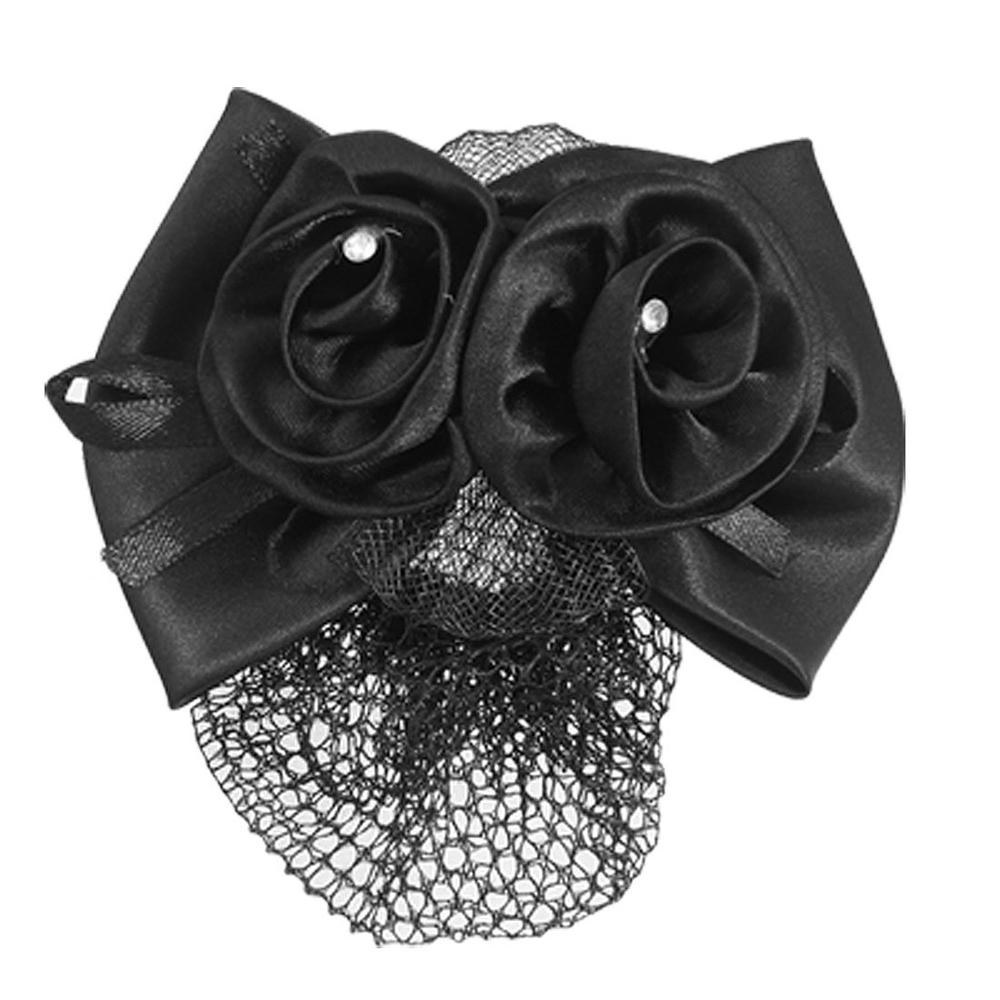 Black Polyester Bow Ribbon Metal Barrette Snood Net Bun Cover Hair
