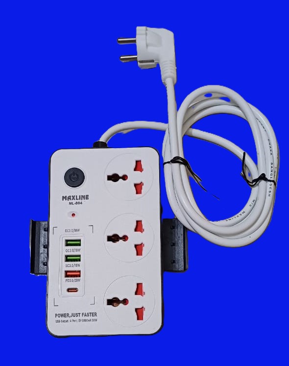 Multiplug ML-804 3 SOCKET 20W USB C PD 3-PORT QC 3.0- 3 Ways Power Socket and 4 USB Port For a Better Performance. 