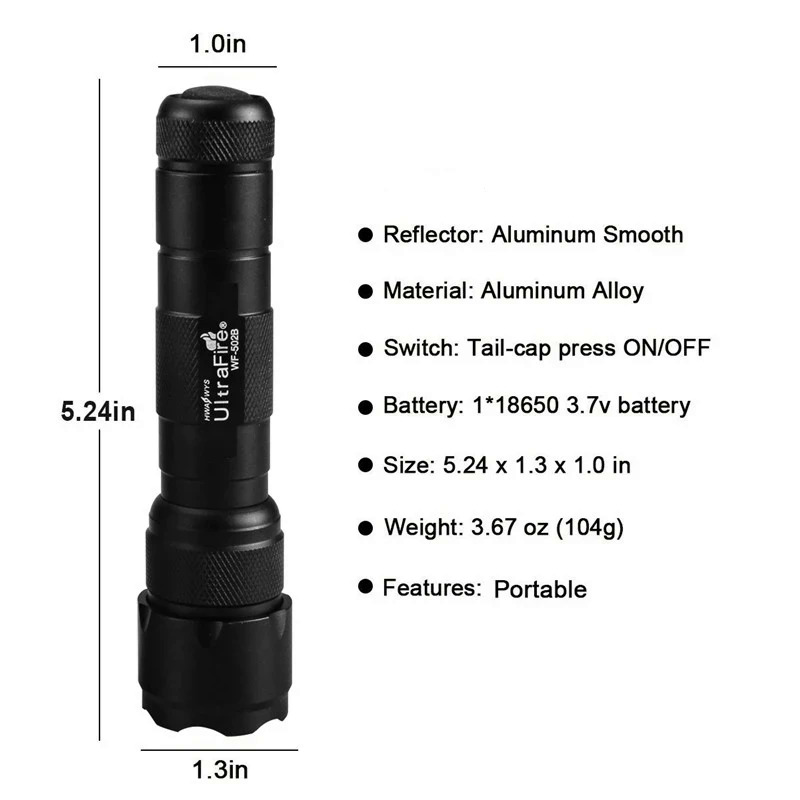 Ultrafire 18650 portable tactical torch led high lumen 502B flashlight USB charger, rechargeable battery. 