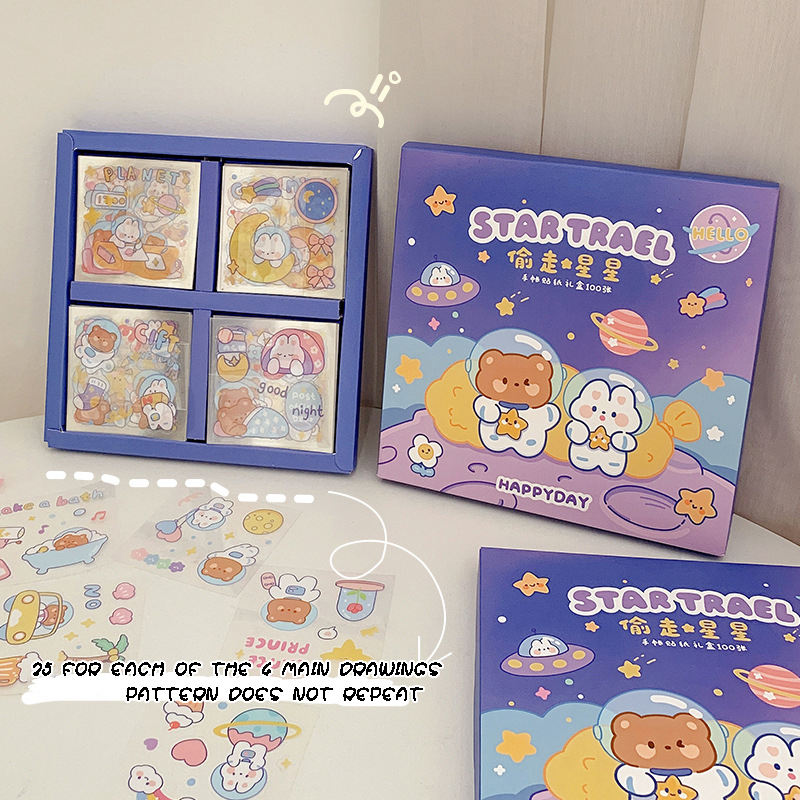 cute stickers 100 pcs, made of PET, waterproof and transparent water cup, pasted with decorative small pattern cartoon hand account material sticker, no need to cut, tear and use, 100 pieces, no repeated stickers, increase the small happiness of life. 