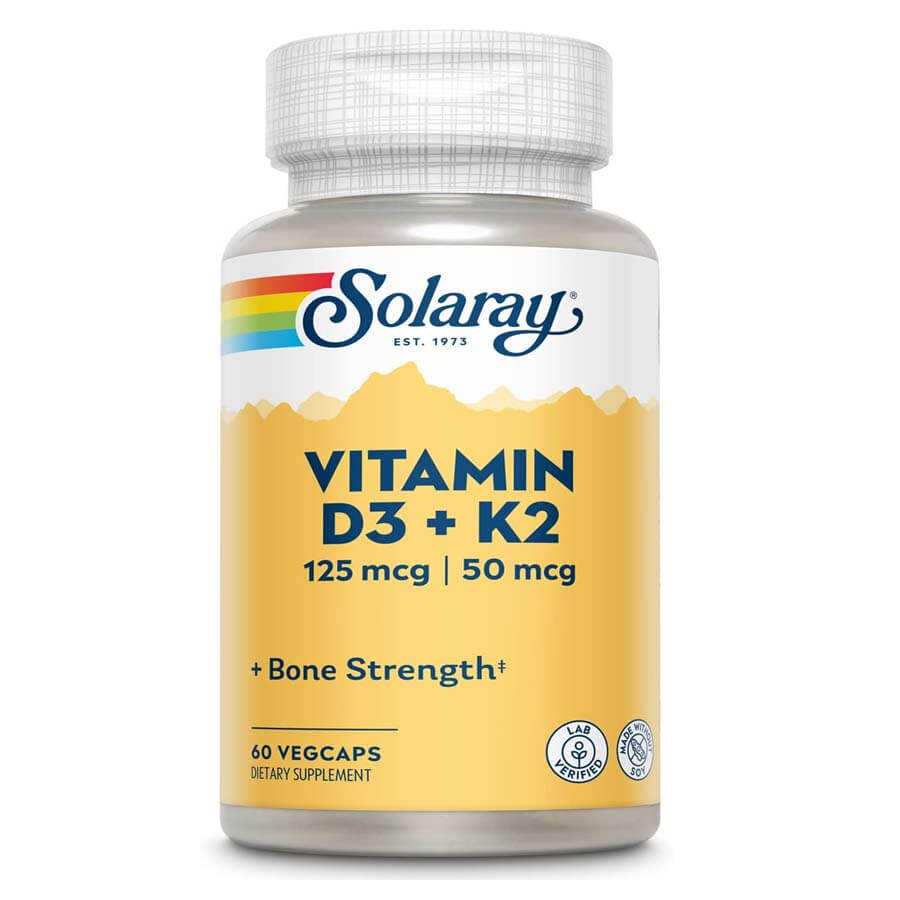 SOLARAY Vitamin D3 K2 - 60 Veg Capsules, Bone Health and Immune Support Supplement - With 5000 IU Vitamin D as Vit D3 and 50 mcg Vitamin K2 as Menoquinone MK7, Made Without Soy, USA. 