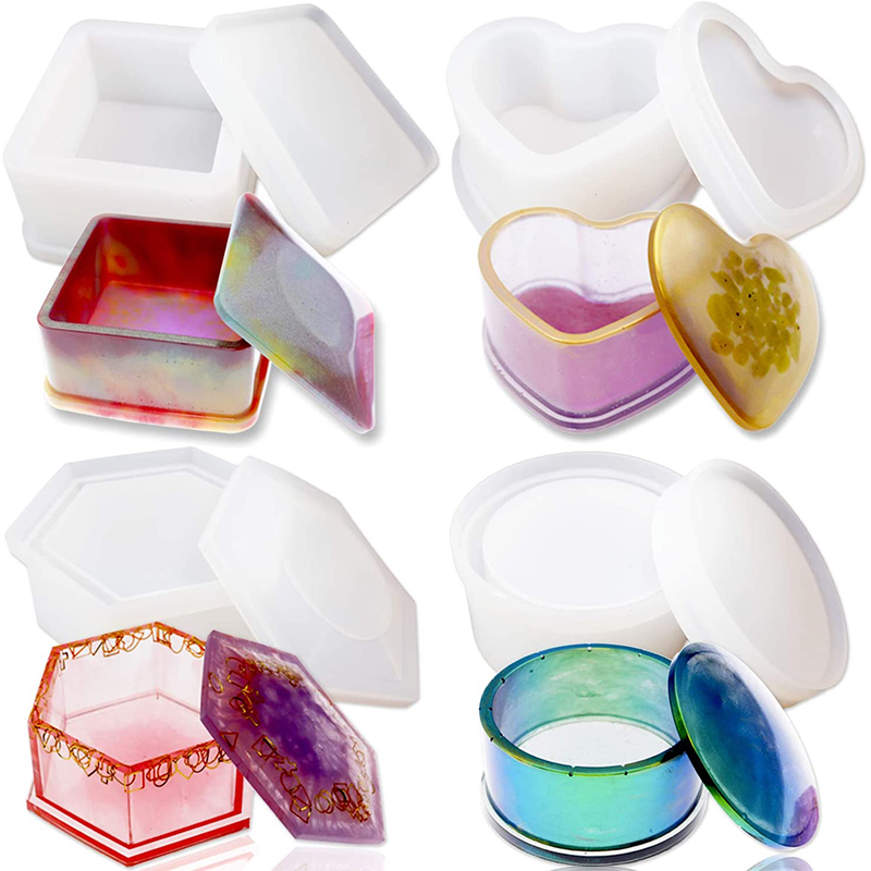 4 Pack Box Resin Jewelry Box Heart Shape /Hexagon/Round and Square Epoxy Containers with Lid