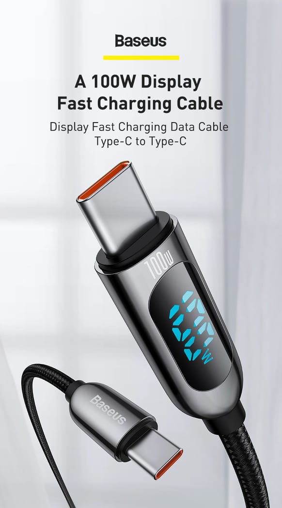 BASEUS Display Fast Charging 100W 1m Type-C to Type-C Data Cable. 