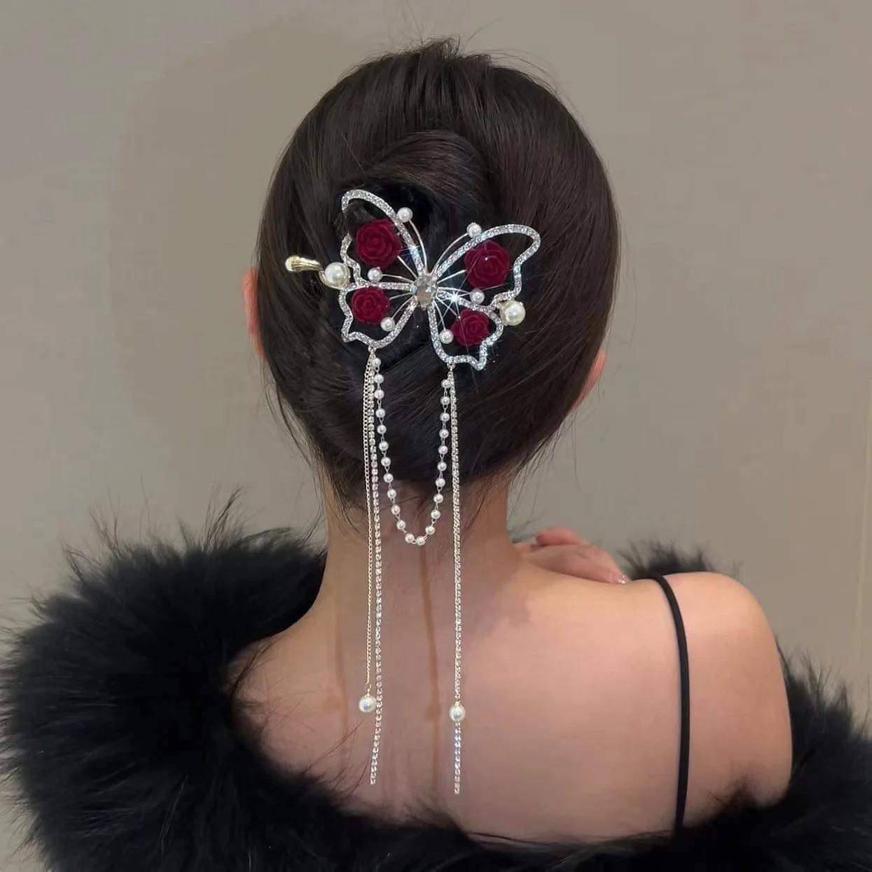 Butterfly Metal Hair Claw Pearl Tassel Rhinestone Hair Clip Metal Bow Tie Hairpin Women