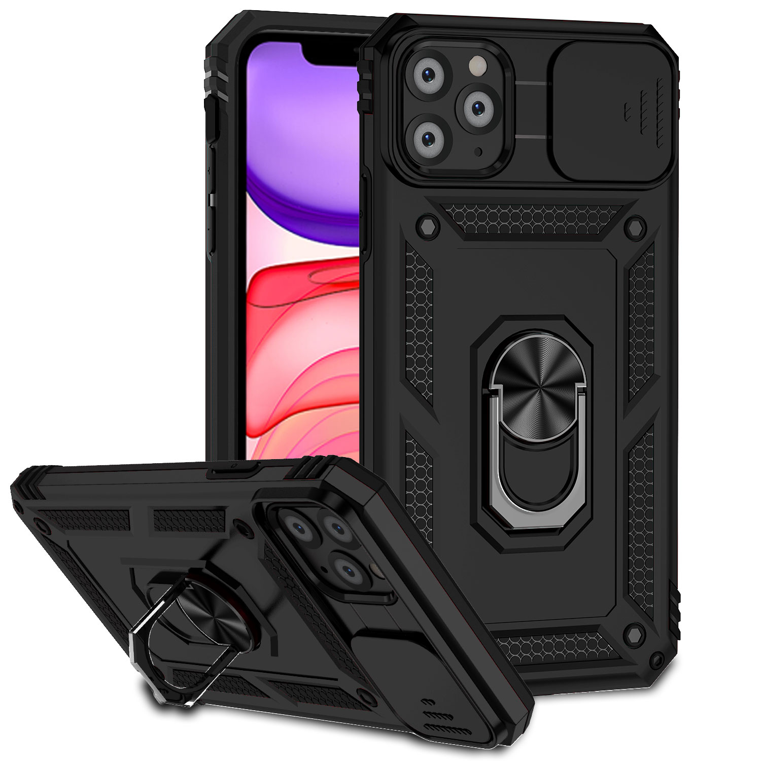 For iPhone 11 Pro Case with Slide Camera Cover, 360° Ring Holder Metal Kickstand, work for Phone Holder Car Mount, Drop Peep Protection
