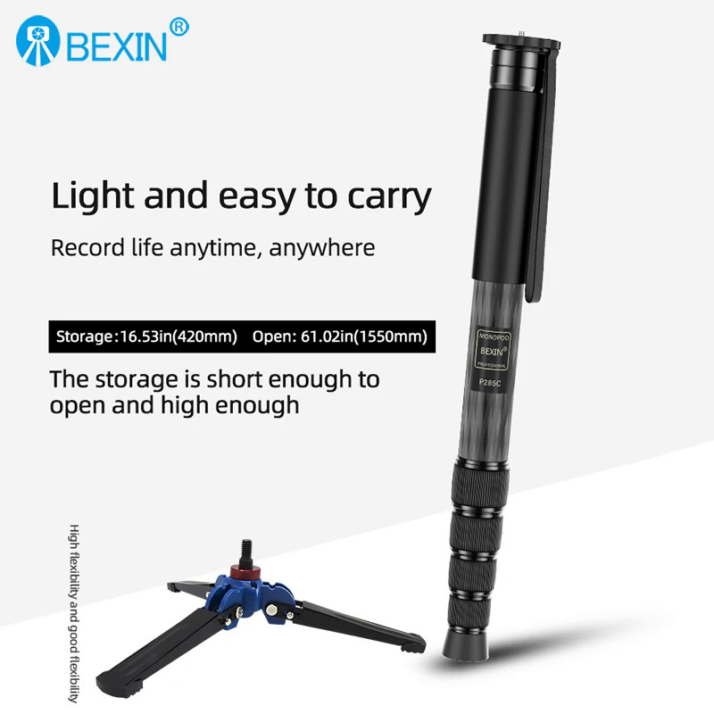 BEXIN P285C Light Professional Carbon Fiber Portable Travel Monopod Bracket Can Stand withTripod Ballhead for Digital SLR Camera