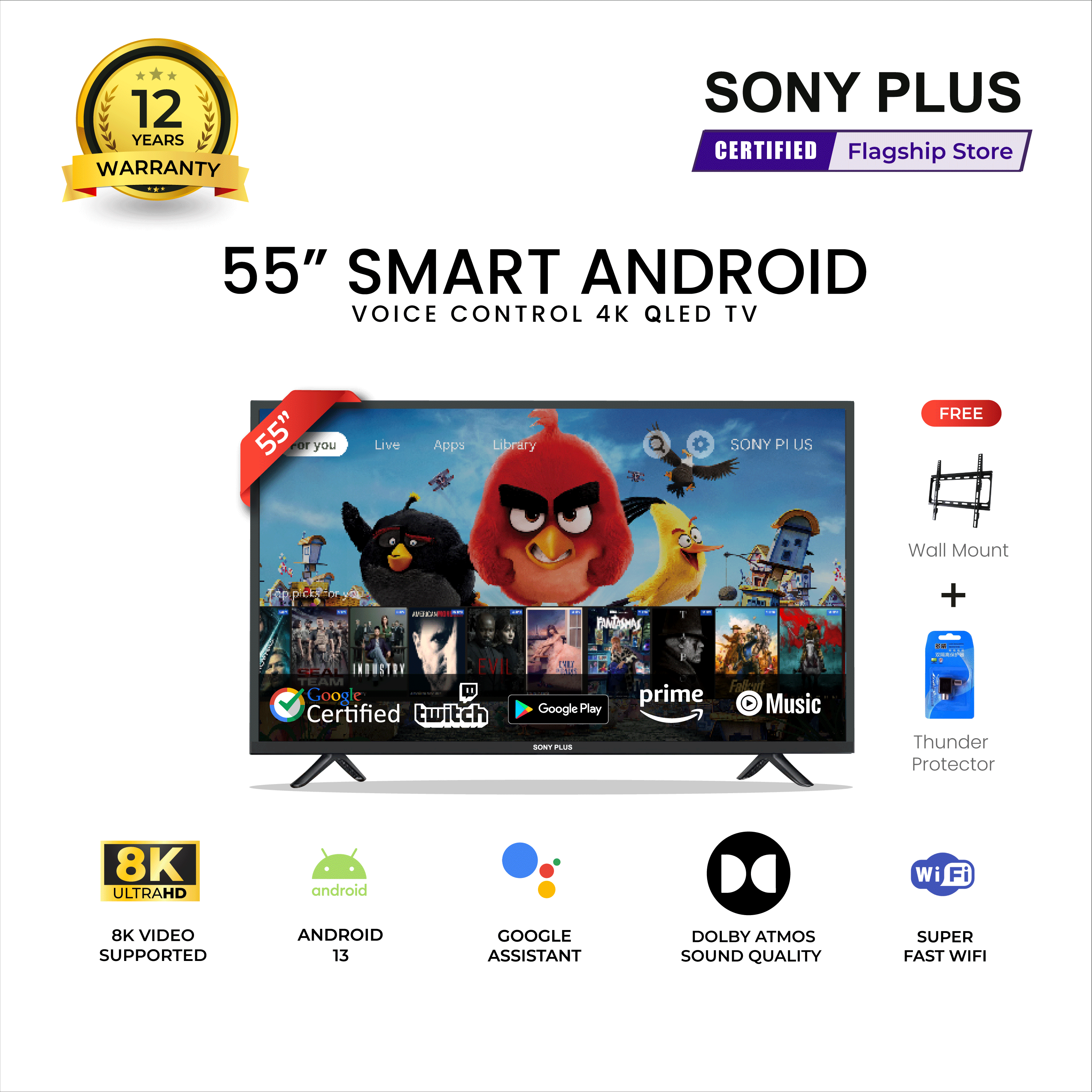 Sony Plus 55 inch Voice Control Smart LED TV Wi-Fi UHD 8K Supported Android Television