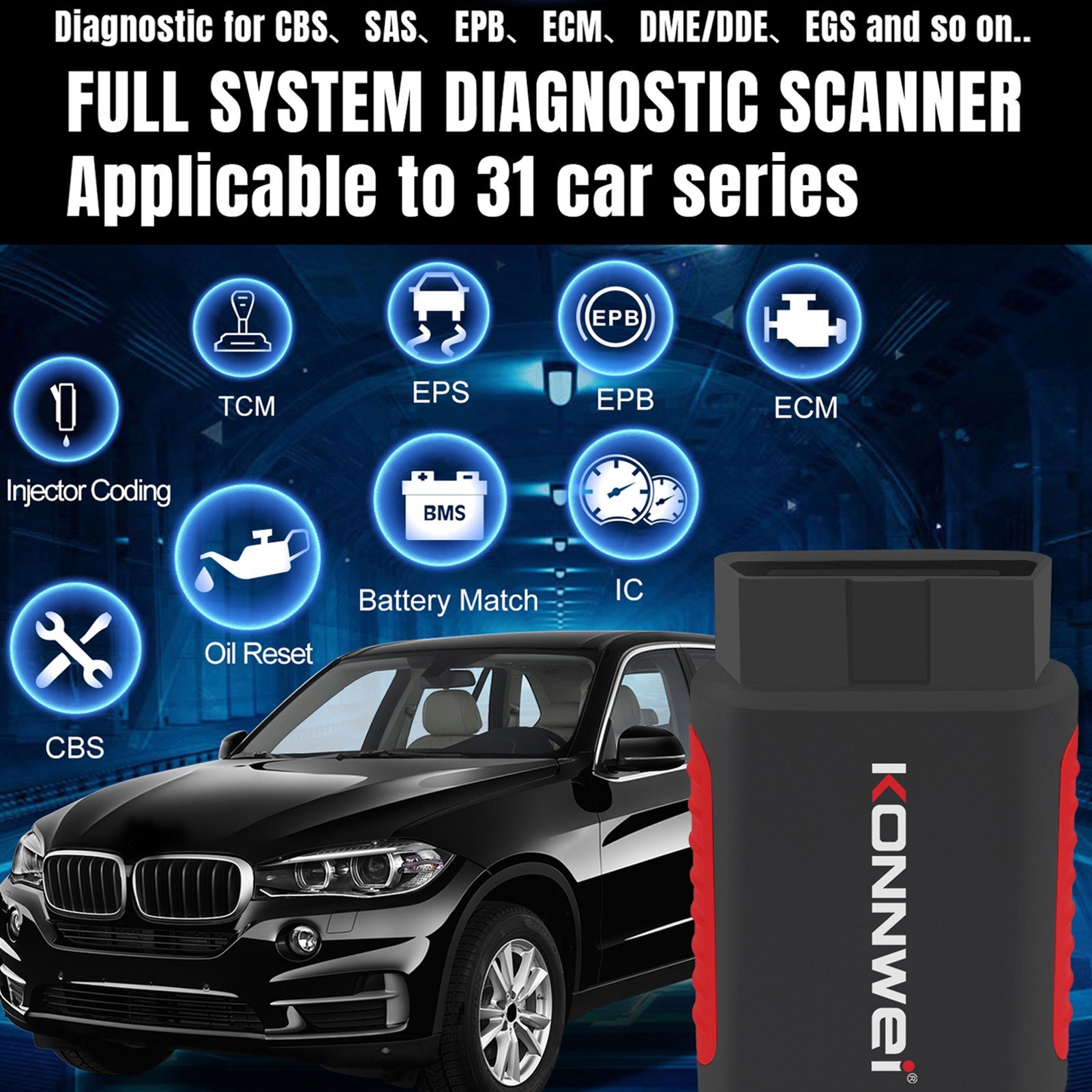 KONNWEI K DIAG OBDⅡ Scanner BT Full System ABS SRS Diagnostic Tool with Reset Retrieval for ECM BCM SRS TCM BMS SAS A/C System. 