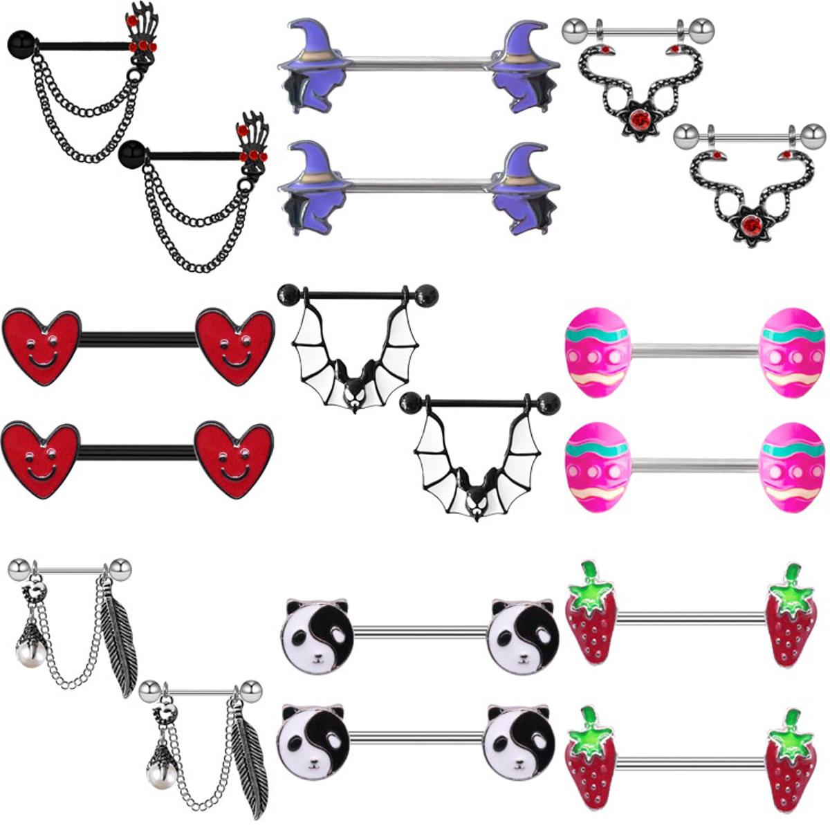 Halloween Bat Punk Devil Wings Nipple Ring Ghost Hand Heart Nipples Stud Piercing Stainless Steel Drill Ball Milk Ring Chains