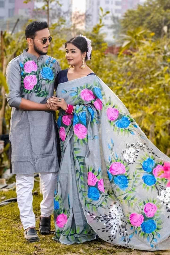 Hand Painted Half Silk Sharee & Dhupian Silk Panajbi Combo Couple Dress