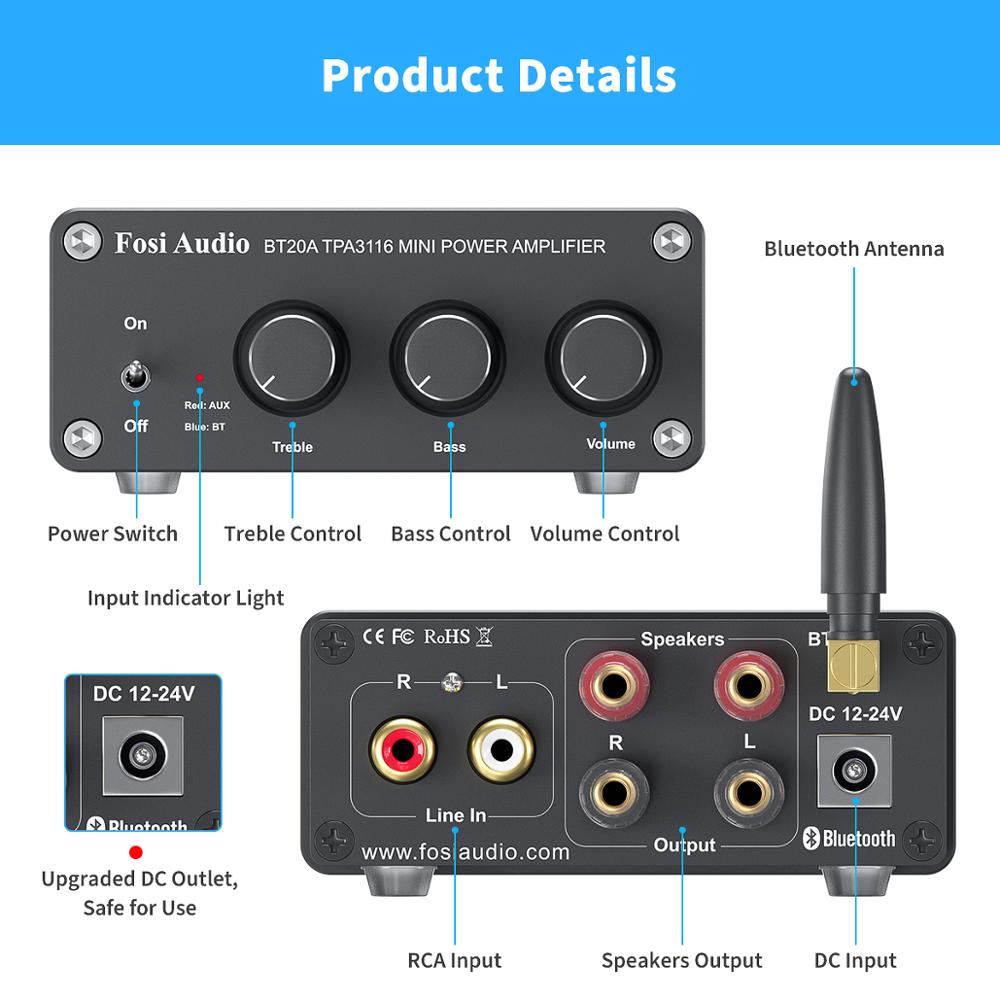Fosi Audio BT20A Bluetooth TPA3116D2 Sound Power Amplifier 100W Mini HiFi Stereo Class D Amp Bass Treble For Theater - black add 24V power. 