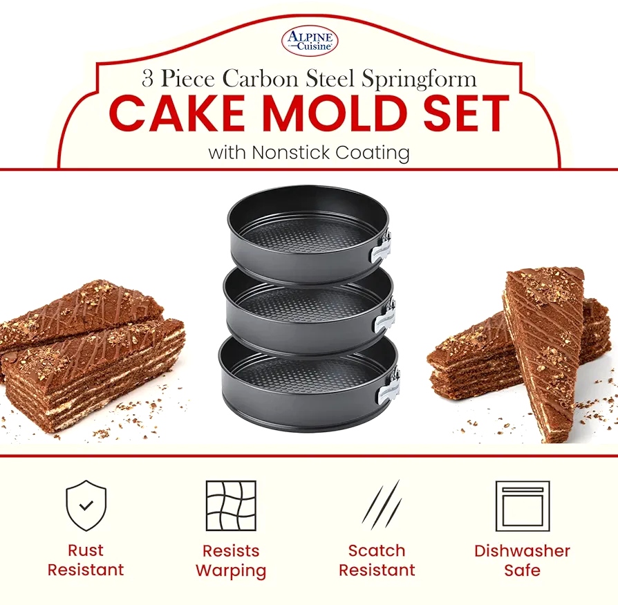 Spring Form Cake Mold 3pc Set (9.5in,10in,11in) - Carbon Steel Removable Bottom Bakeware Set - Multipurpose Use Baking Pans. 