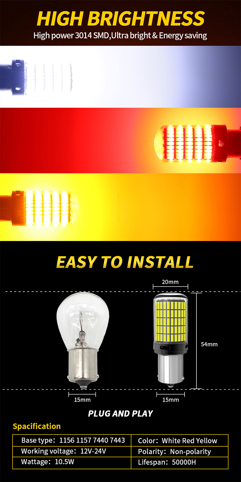 Super Bright LED Indicator Bulb for Car and Motorcycle 1 Pair 10.5W 1200LM 144 SMD. 