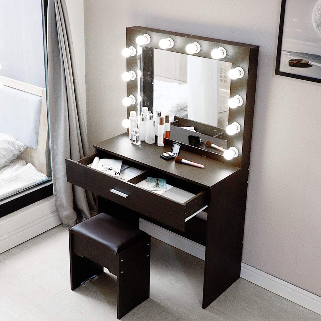 Vanity Set with LED Lighted Mirror Makeup Vanity Dressing Table Large  Mirror 10 LED Light Brightness Adjustable Cushioned Stool Large Drawer Mute 