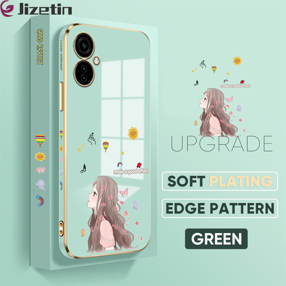 Jizetin (Free Lanyard) for Tecno Camon 19 Neo Back Cover Butterfly Girl Luxury 6D Plating Case Side Pattern Soft Silicone Square Mobile Phone Cases