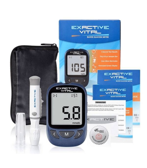 USA Certified EXACTIVE VITAL Blood Glucose Meter with 10 Pcs Free Test Strips | TRONZZ verified Best Blood Sugar Glucometer with 10 Years Full Replacement Warranty by TRONZZ.com. 