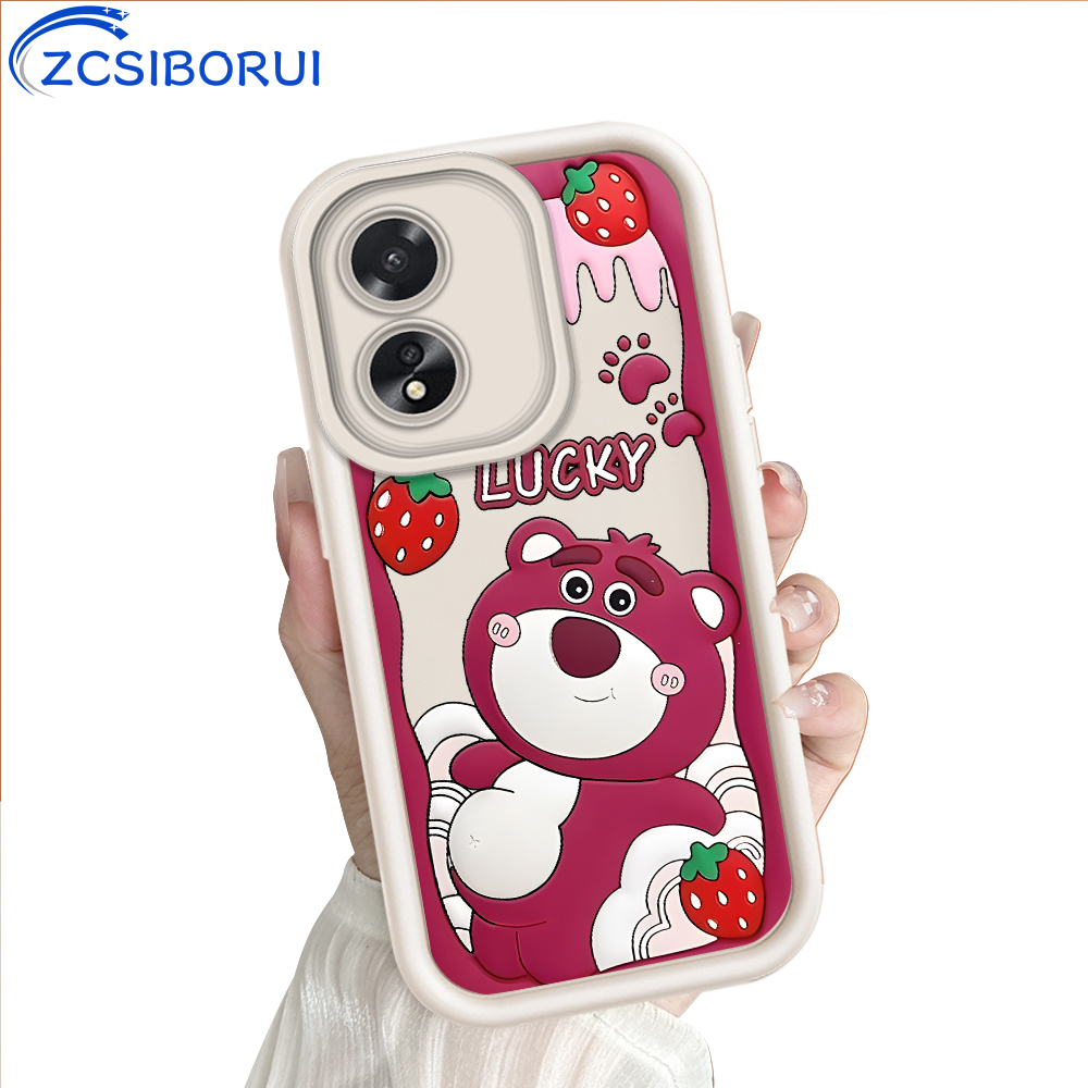 ZCSIBORUI for OPPO A18 A38 Back Cover Lotso Strawberry Pattern Soft Camera Protection Rubber Square Ladder Phone Case