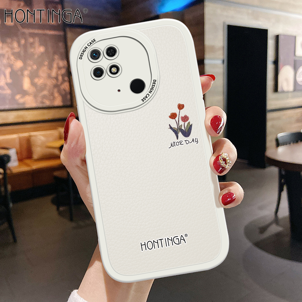 Hontinga for Redmi 10C Back Cover PU Leather Simple Colorful Phone Case Soft Silicone Edge Mobile Cover