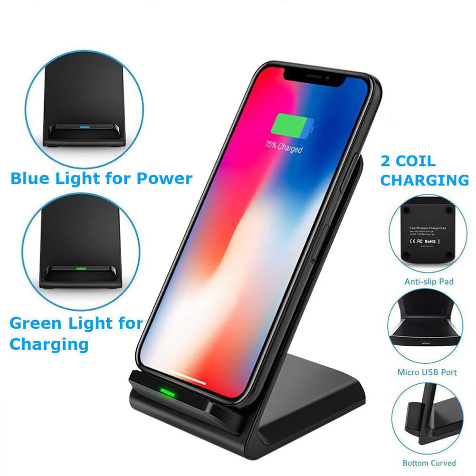 100W Wireless Chargers QC 2.0 Fast Charging for iPhone 10 14 13 12 XR Samsung S22 S10 S7 S8 S9 2-Coils Stand 5V/2A 9V/1.67A. 