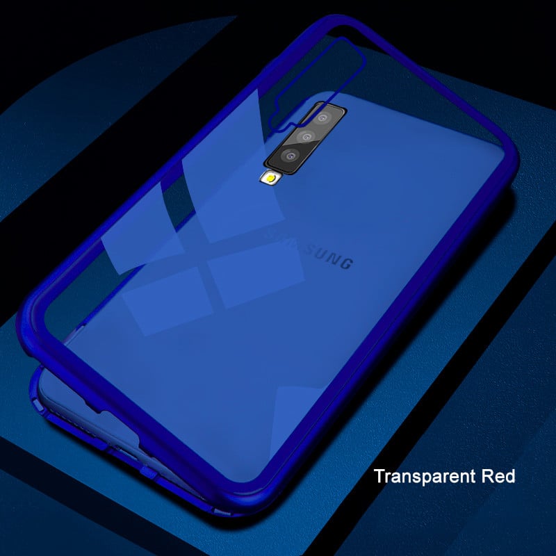 Samsung Galaxy A7 2018 - 360 Degree Magnetic Adsorption Case Metal Frame Tempered Glass Back with Built-in Magnet Cover. 