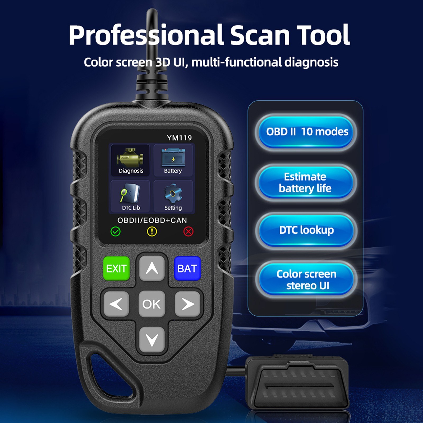 OBD II Scanner, Car Engine Fault Code Reader Battery Tester CAN Diagnostic Scan Tool for 12V Gasoline Vehicles. 