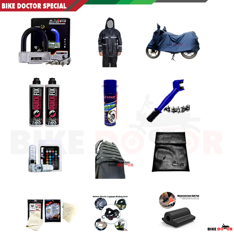 Bike Essential Pack with must have items for Biker (12 Items) Random Color Selection. 