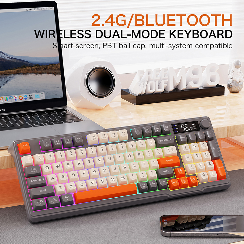 FREEWOLF M96 Wireless Bluetooth Dual-Mode Keyboard PBT Keycap Screen Knob Lithium Battery Backlight Multi-Device Gaming. 