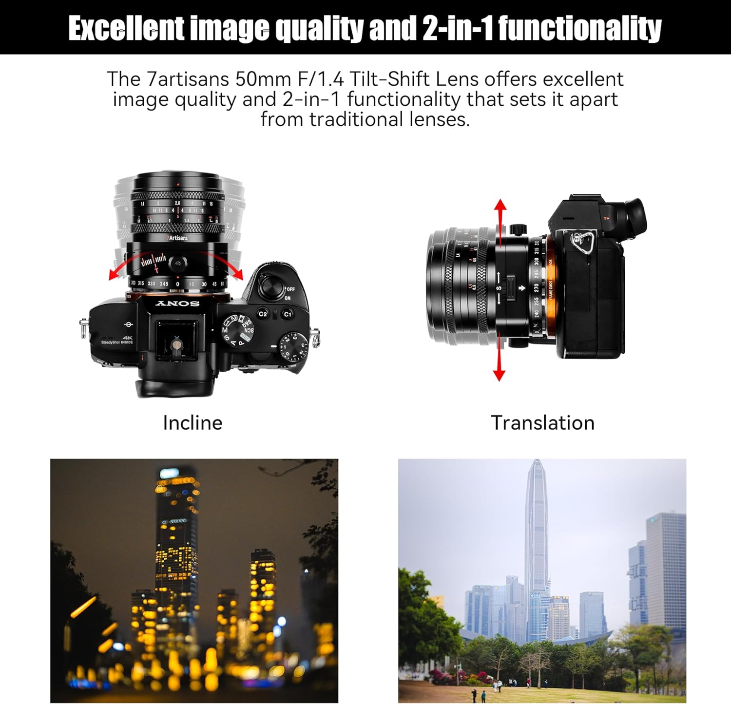 7artisans 50mm F1.4 Tilt-Shift Manuel Lens Sony E Alpha 6400 ZVE10 A7S A7R FUJIFX E-M1 Mark II/E-M10 Mark IV Micro 4/3 E-PL1 E-M10 GH1/GH2 /GH3/GH4 için 2'si 1 arada Büyük Diyafram APS-C Lens. 