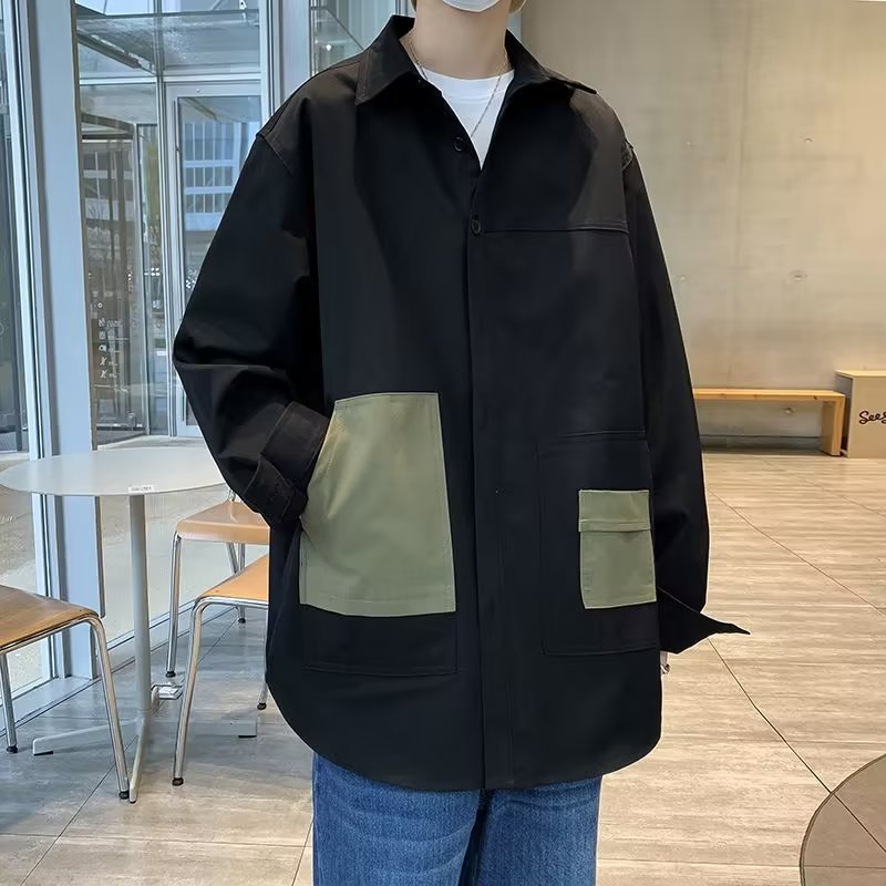 Shirt jacket men's spring and autumn Japanese contrasting stitching design sense cargo shirt long sleeve American jacket casual top