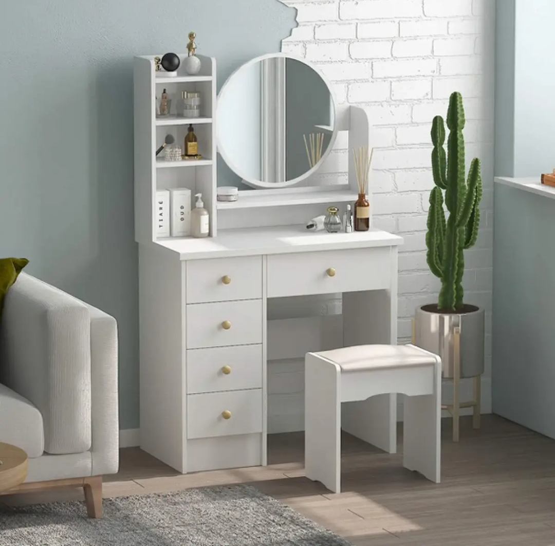 Round Mirror Dressing Table With Drawers & Shelves White (WithOut Stool) by FURNIZONE BD. 