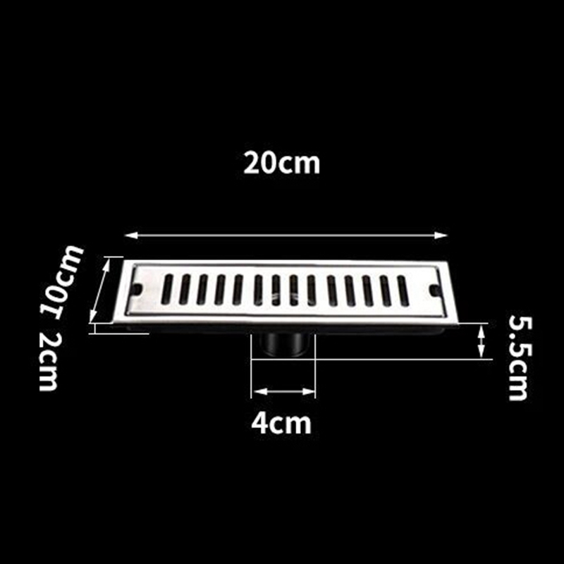 Rectangular Linear Shower Floor Drain Long Linear Drainage Channel Drain for Hotel Bathroom Kitchen Floor 20cm. 