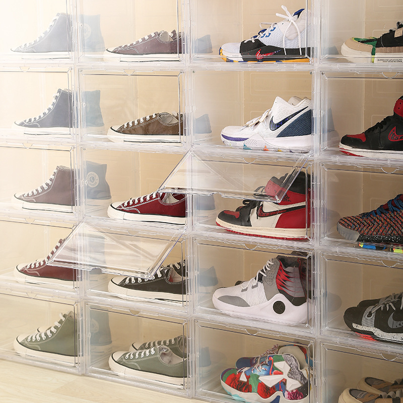 Transparent shoebox side opening storage dustproof display shoe cabinet magnetic door box clamshell anti-oxidation finishing box storage box. 