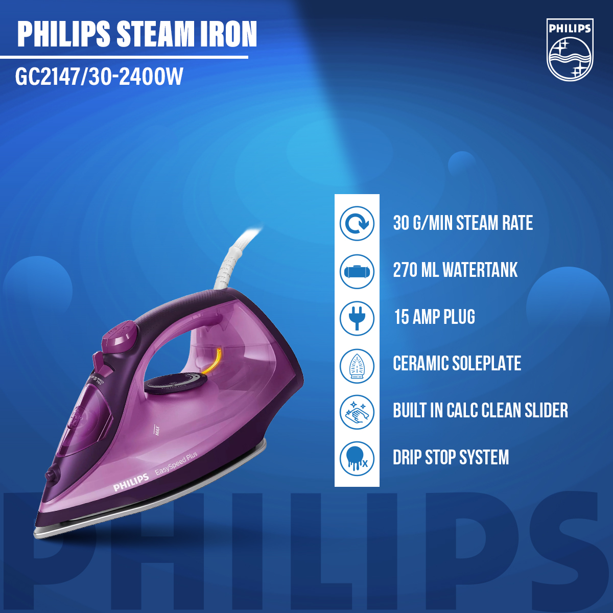 Philips EasySpeed Plus Steam Iron GC2147/30-2400W, Quick Heat up with up to 30 g/min steam, 150g steam Boost, Scratch Resistant Ceramic Soleplate, Vertical steam, Drip-Stop. 