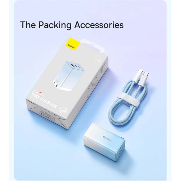 Baseus Gan3 Pro Fast Charger 3 Port 2 Type-C and 1 USB Port 65W GaN CN Plug Adapter with Dynamic Series Type-C to Type-C 100W Fast Charging Cable 1M. 