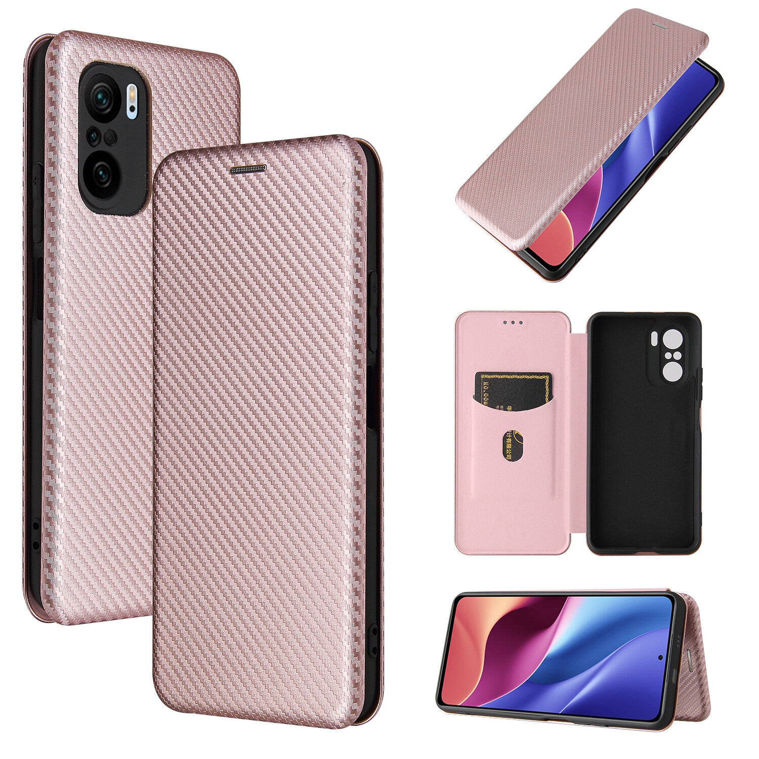 lthmy for Xiaomi Poco F3 / Redmi K40 / K40 Pro Carbon Fiber Magnetic Closure with Card Slot Flip Case Cover