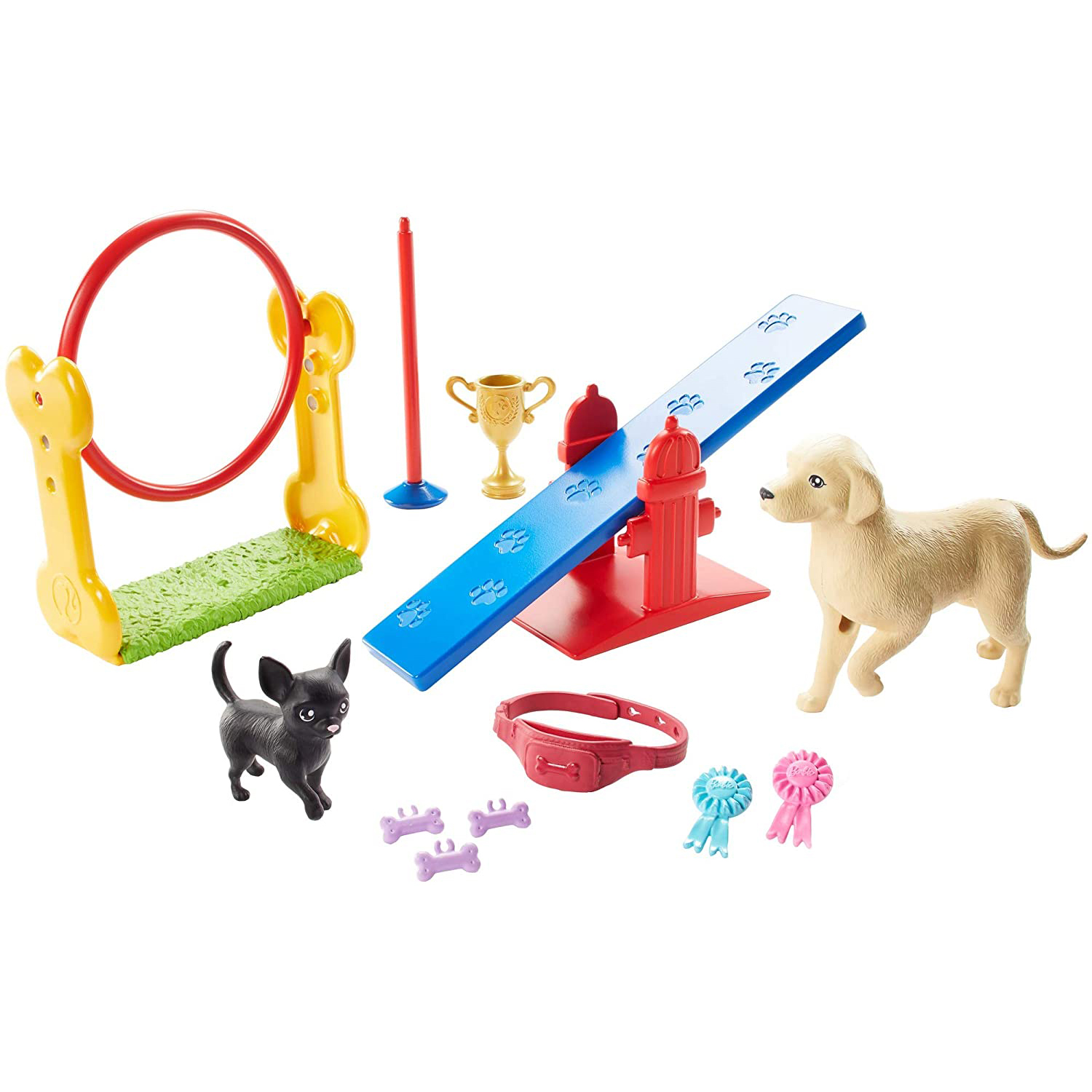 Barbie Ken Dog Trainer Doll with Accessories and 2 Dogs Figures, Hoop Ring, Balance Bar, Jumping Bar, Trophy and 2 Winner Ribbon. 