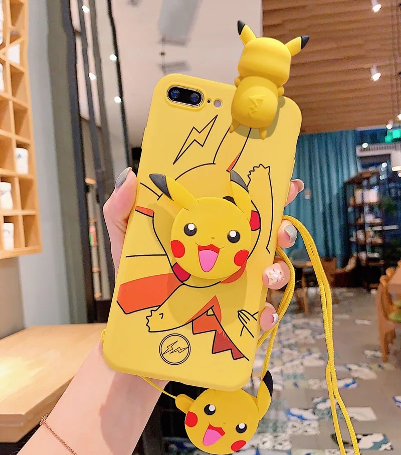 For iPhone 6 6s 7 8 X Xs Max XR 11 12 13 14 15 Pro Max SE Pokemon Pikachu Phone Case With Holder Rope. 