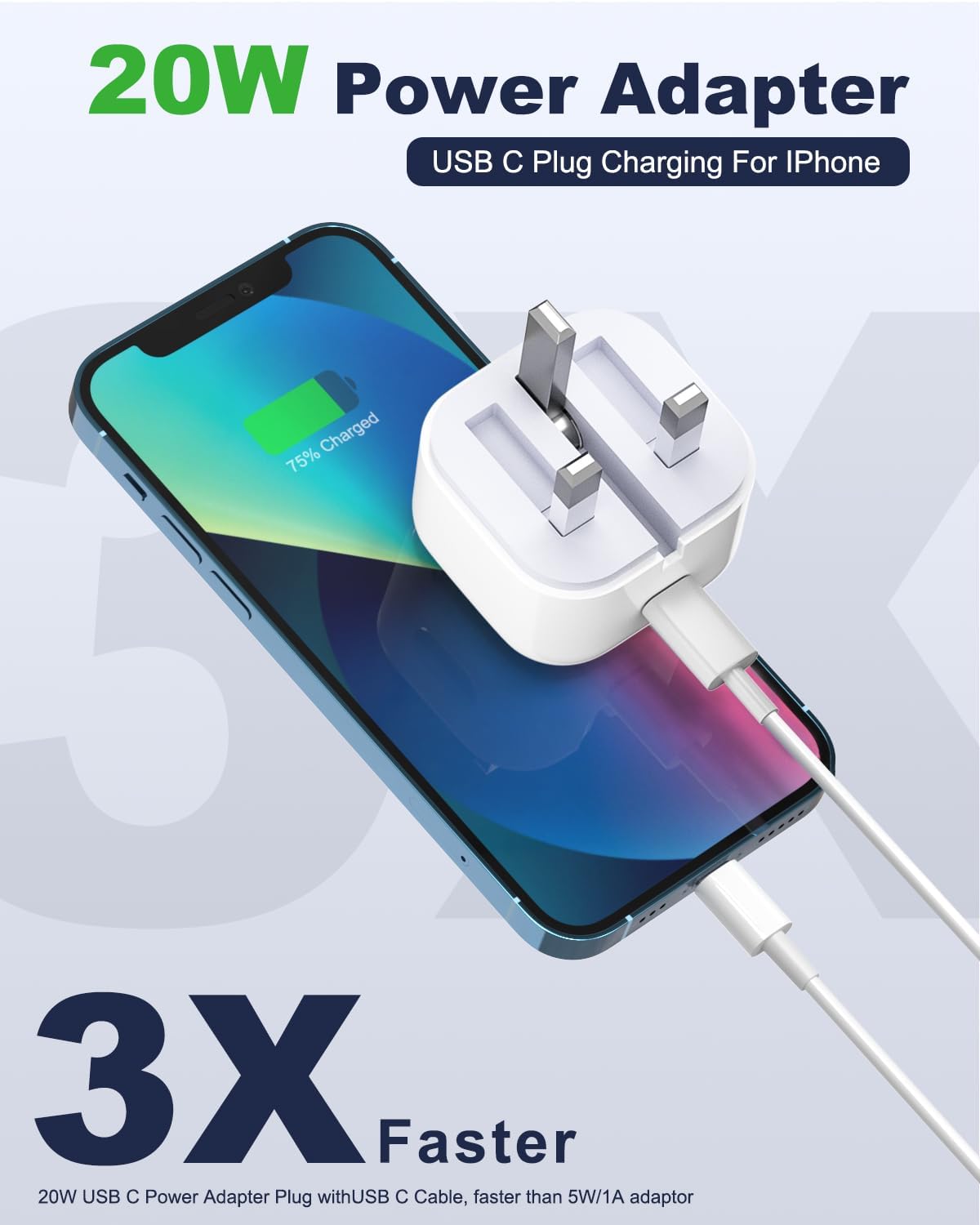 20W Fast Charger For iPhone 12/12 Pro/ 12 Pro Max/ 12 Mini/iPhone 11/11 Pro/ 11 Pro Max/ 13 14 XS XR X USB C Fast Charger Plug And Cable. 