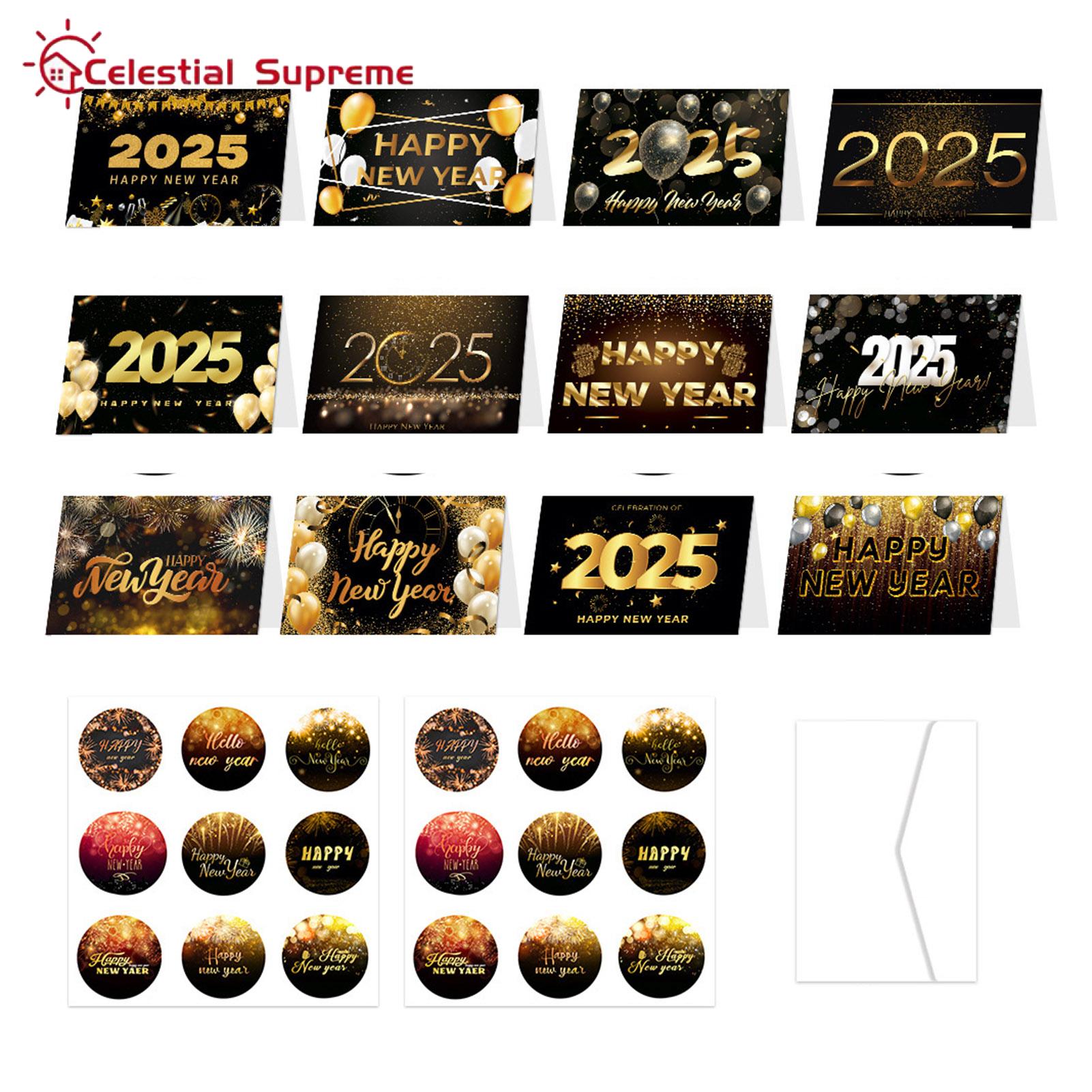 Bulk Pack of New Year Cards Envelopes 12pcs 2025 New Year Cards with Envelopes Stickers Gold Foiled Holiday Greeting Cards for Happy New Year Festive Design for Durable New Year Cards Assortment. 