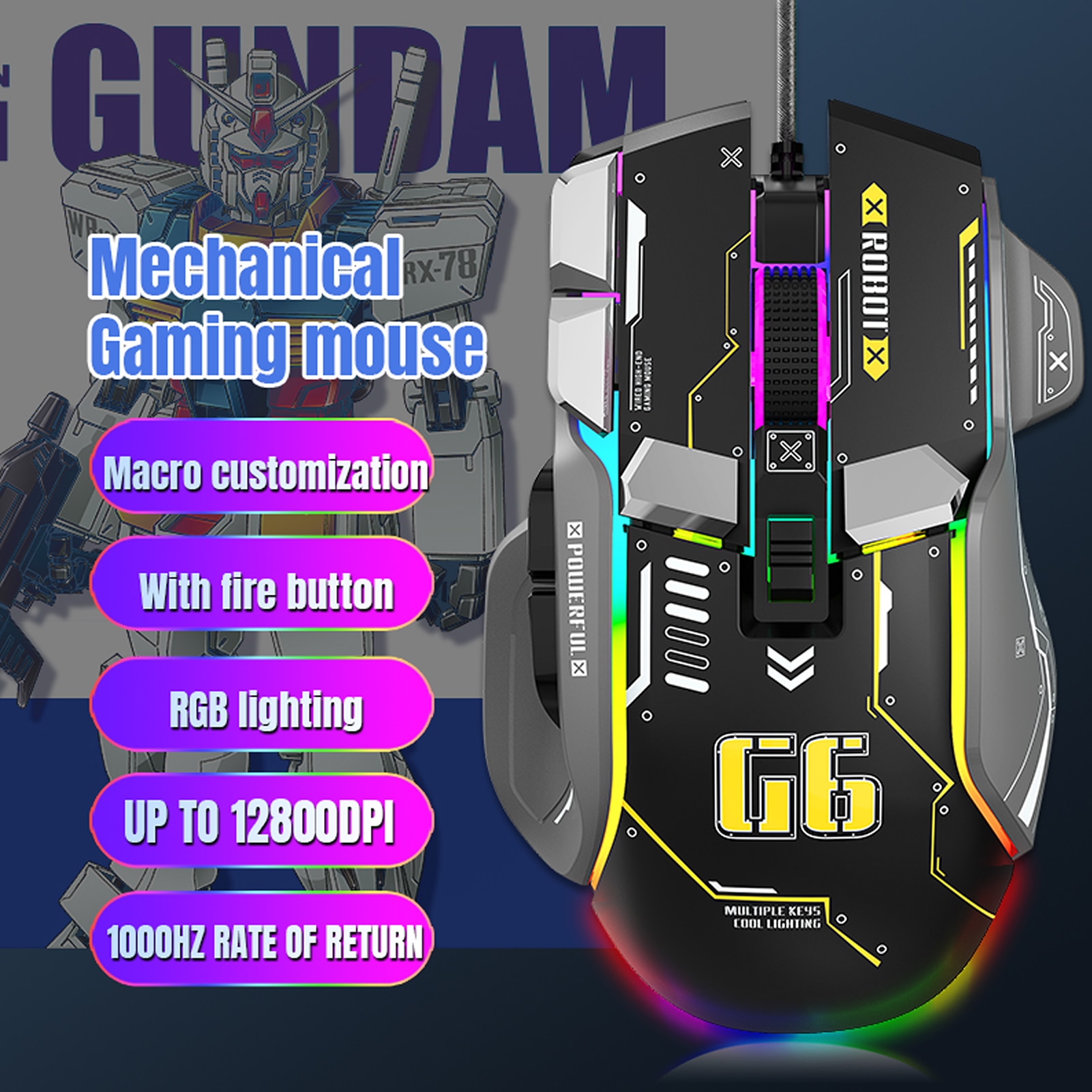 G6 Gaming Mouse 12-Key Mechanical Mouse 12800DPI Ergonomic Wired Mosue 10-key Macro Programmable 13 RGB Lighting Modes Mice. 