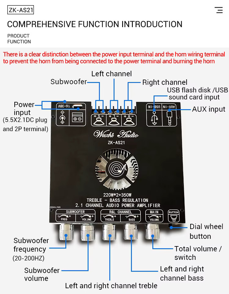 AS21 220W*2+350W 2.1 Channel TPA3255 16V-38V DC Bluetooth Digital Power Amplifier Board Module High and Low Tone Subwoofer Audio APP Similar ZK-AS21 CA-AS21. 