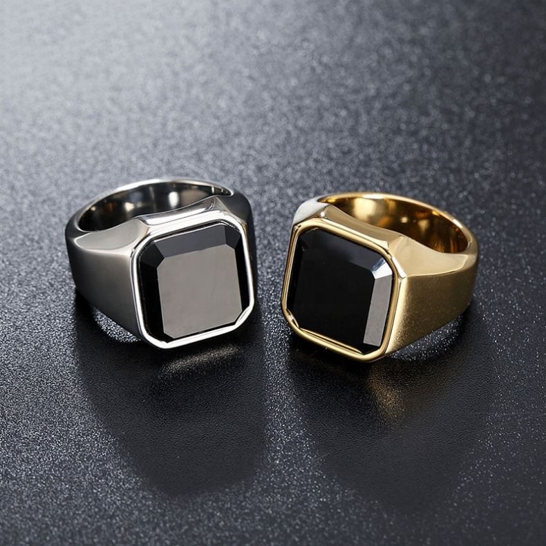 Black Stone Stainless Steel Onyx Ring Black Agate Onyx Natural